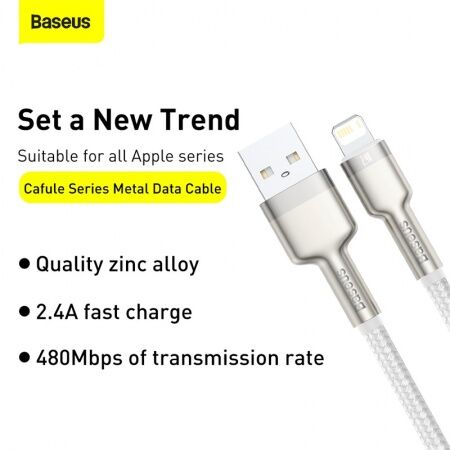 Кабель USB BASEUS Cafule, USB - Lightning, 2.4А, 1 м, белый - 3