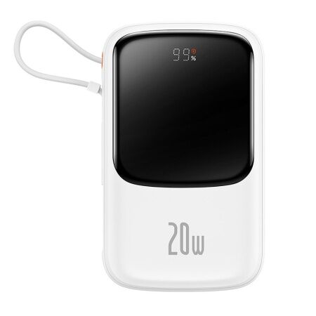 Портативный аккумулятор BASEUS Qpow Pro Digital Display Fast Charge 20W iP Edition, 3A, 10000 мАч, белый, с кабелем Typ - 1
